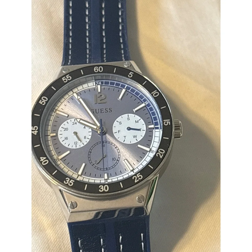 Guess Watch Mens OS Blue Excellent‎ Stainless Steel Multi-Function Sport Strap